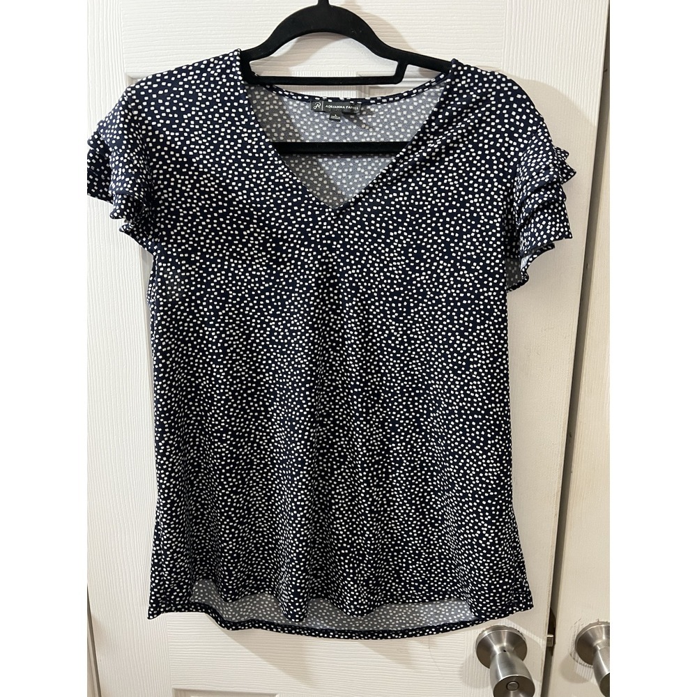 Adrianna Papell Size Large Navy Blue  and White‎ Polka Dot Top